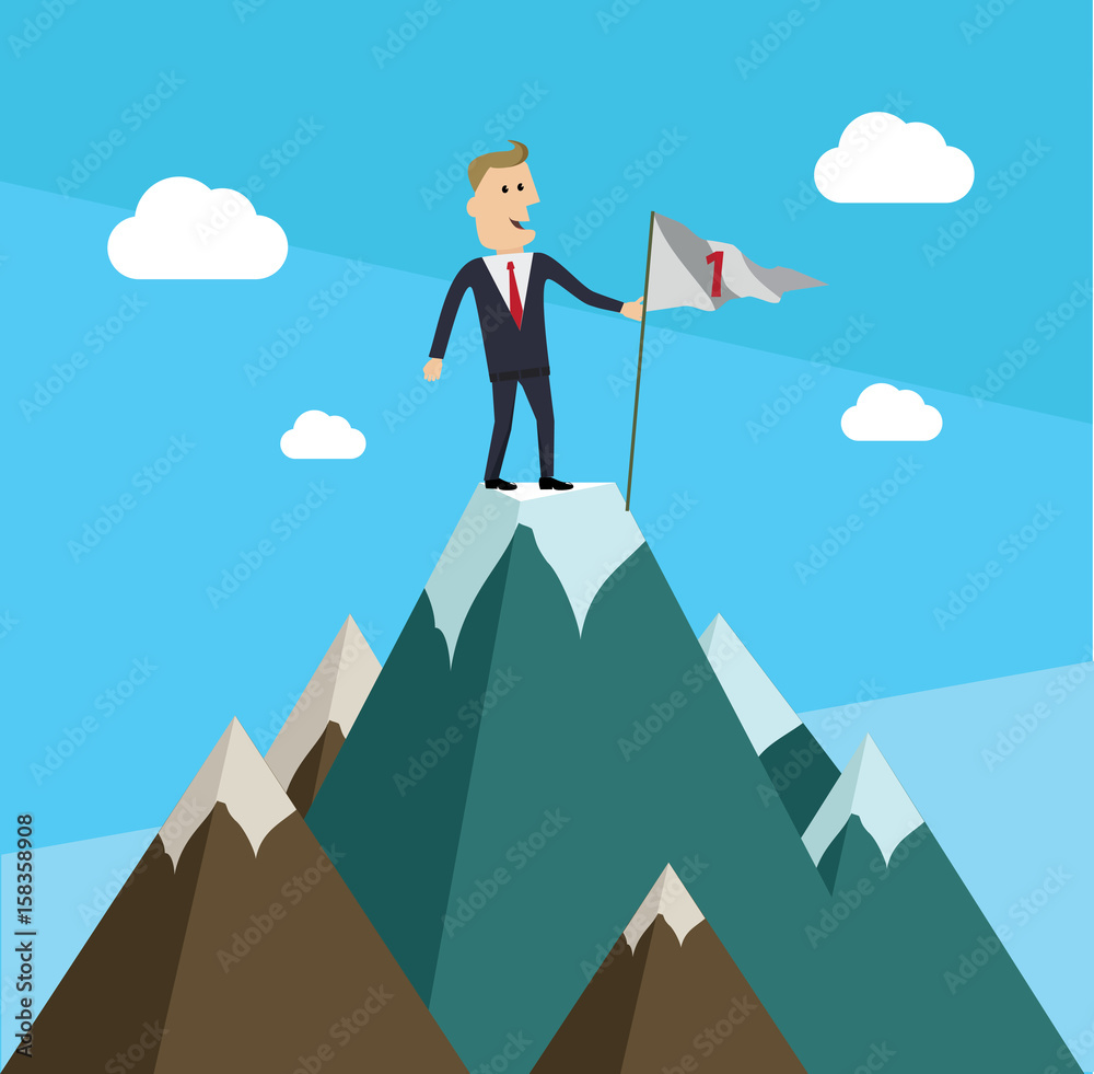 Businessman is standing on a mountain.