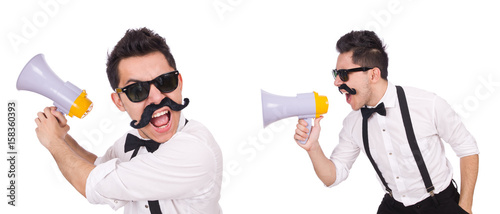 Emotional man with loudspeaker isolated on white