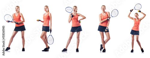 Young woman playing tennis isolated on white