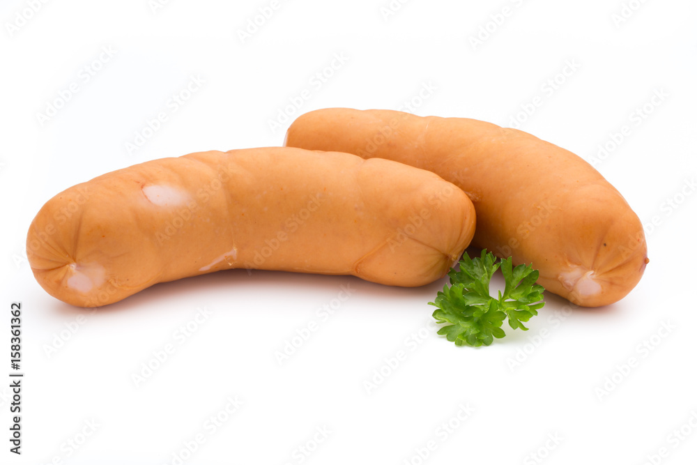 Sausage and spices isolated on white background, fresh delicious frankfurter. Sausage and spices isolated on white background, fresh delicious frankfurter.