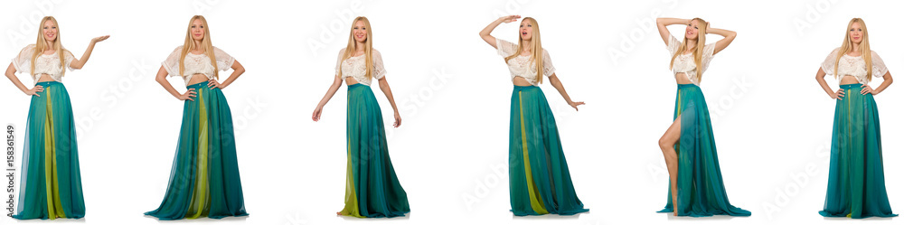 Woman in fashion concept in green dress on white