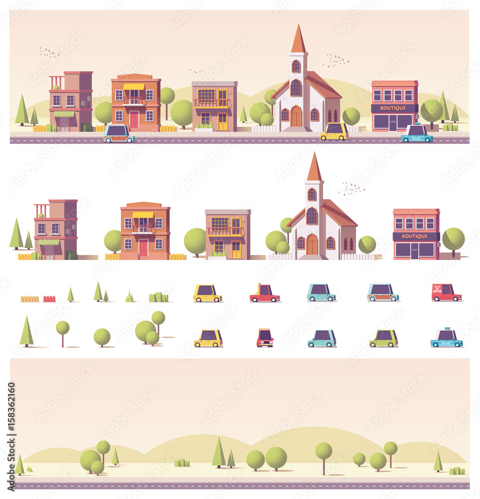 Vector low poly 2d buildings and city scene