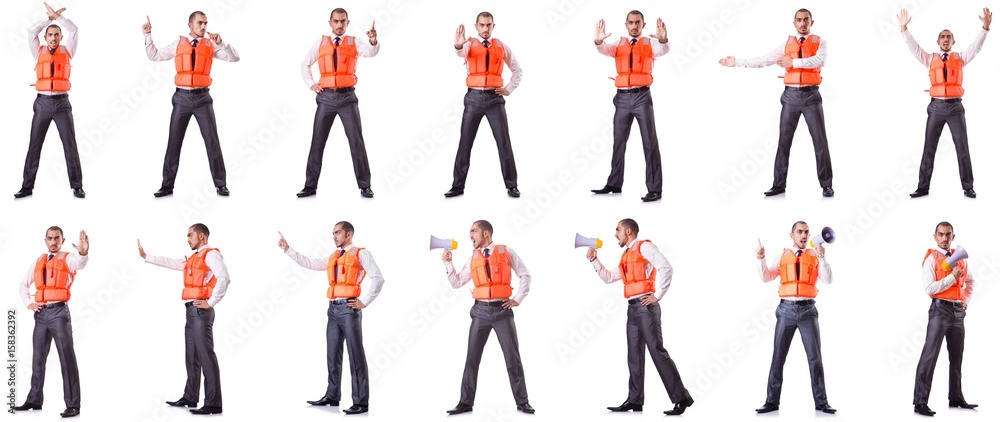 Businessman with rescue safety vest on white Businessman with rescue safety vest on white