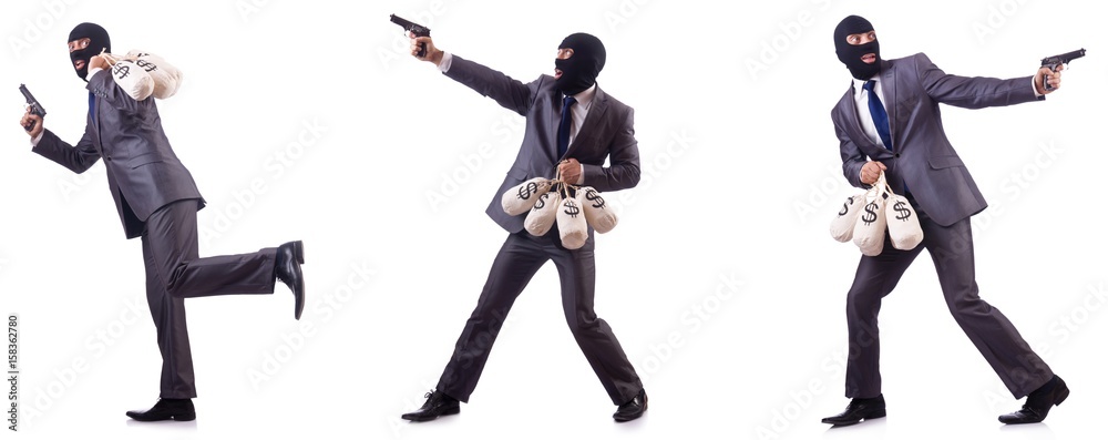 Gangster with bags of money on white Gangster with bags of money on white