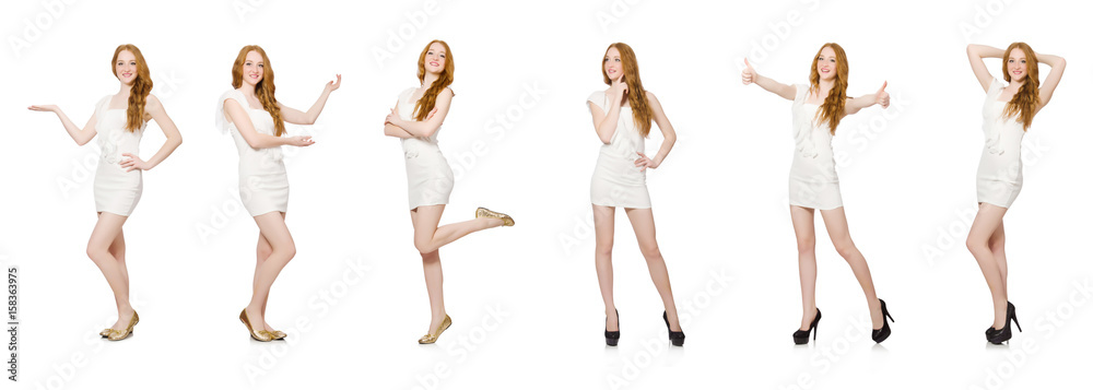 Woman pressing virtual button isolated on white Woman pressing virtual button isolated on white