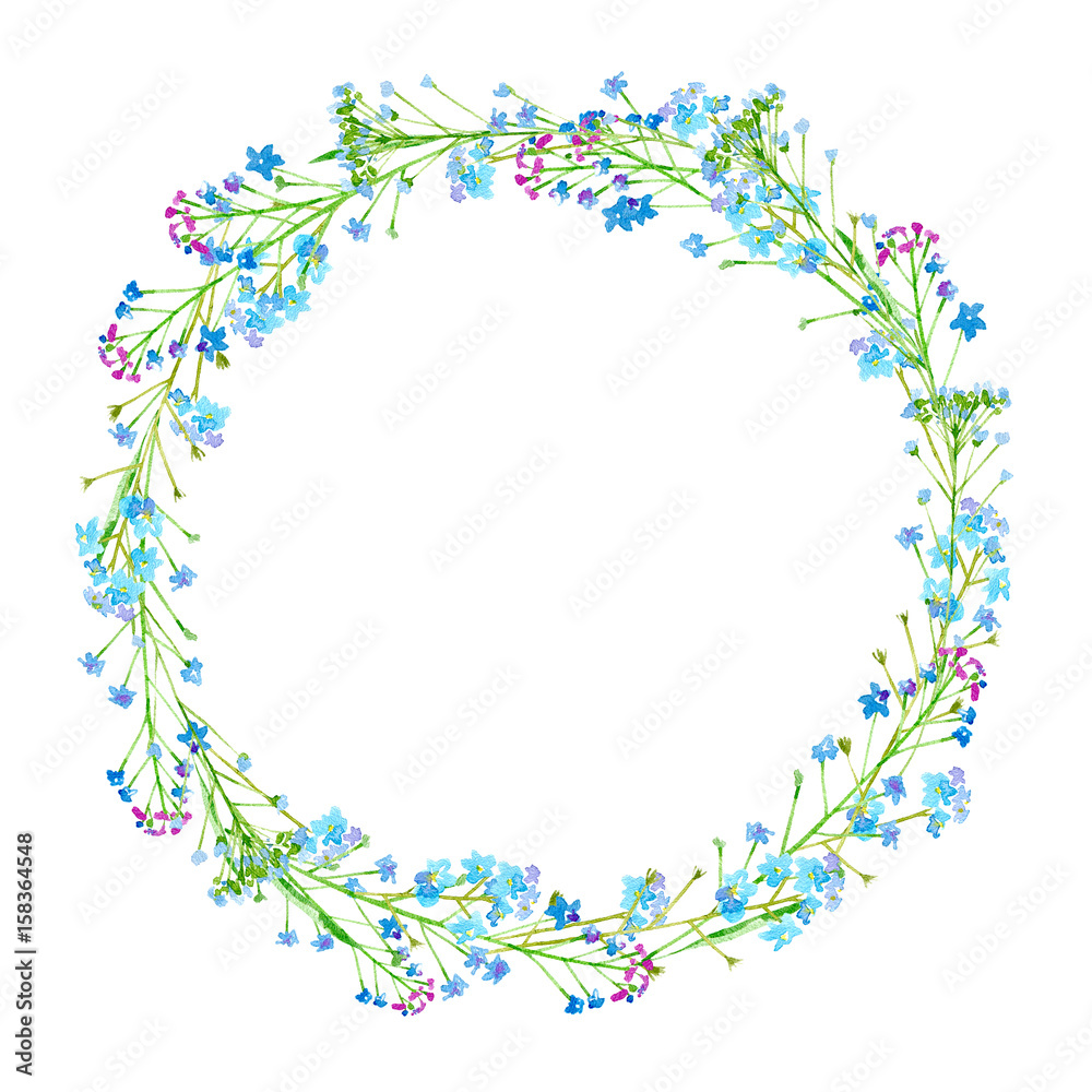 Round frame of a forget-me-not flowers.Green and blue floral wreath.Watercolor hand drawn illustration.