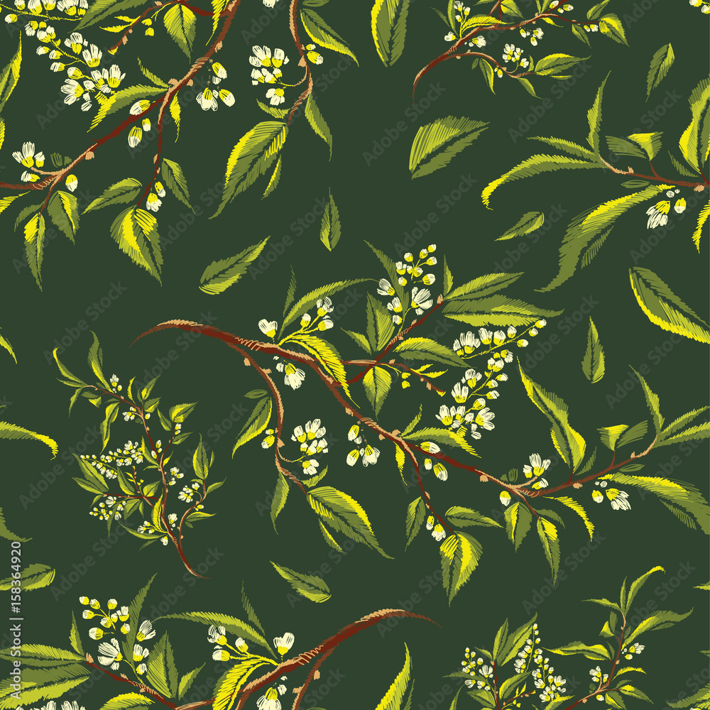Floral embroidery seamless pattern with blooming branch Floral embroidery seamless pattern with blooming branch