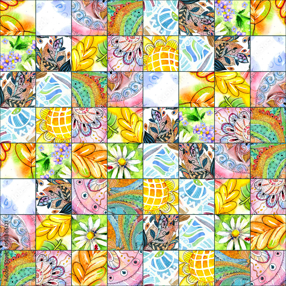 retro seamless texture with ethnic patchwork pattern. watercolor painting