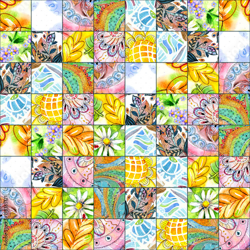 retro seamless texture with ethnic patchwork pattern. watercolor painting