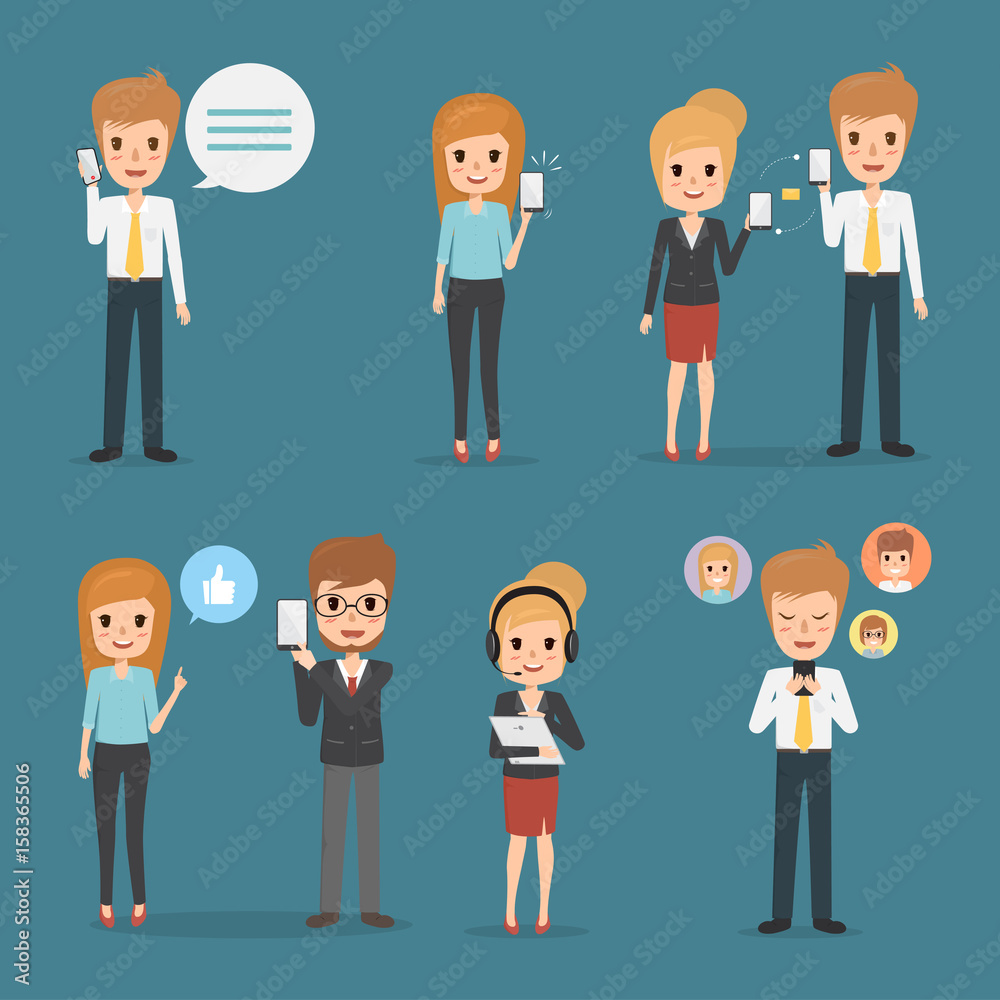 set of communication technology people infographic. business man and business woman character flat design vector.