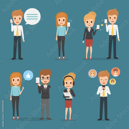 set of communication technology people infographic. business man and business woman character flat design vector.