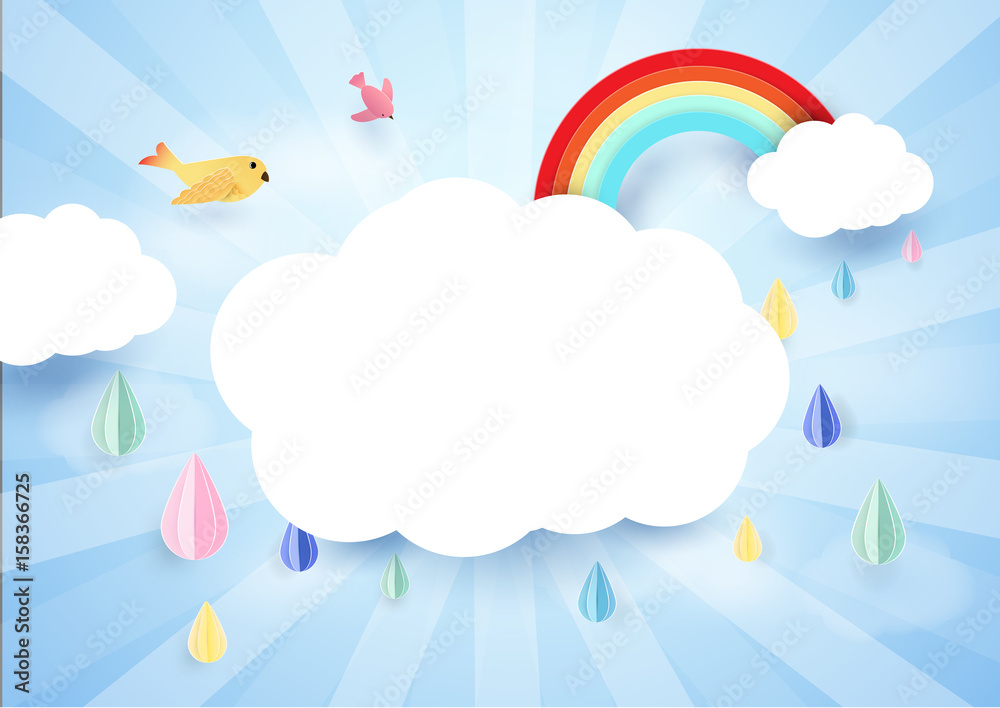 Paper art concept. Rainy and cloud with rainbow. Rainy season background