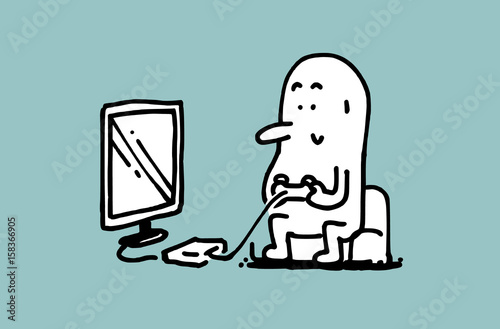 Simple man play the game on game consile, Doodle vector illustration.