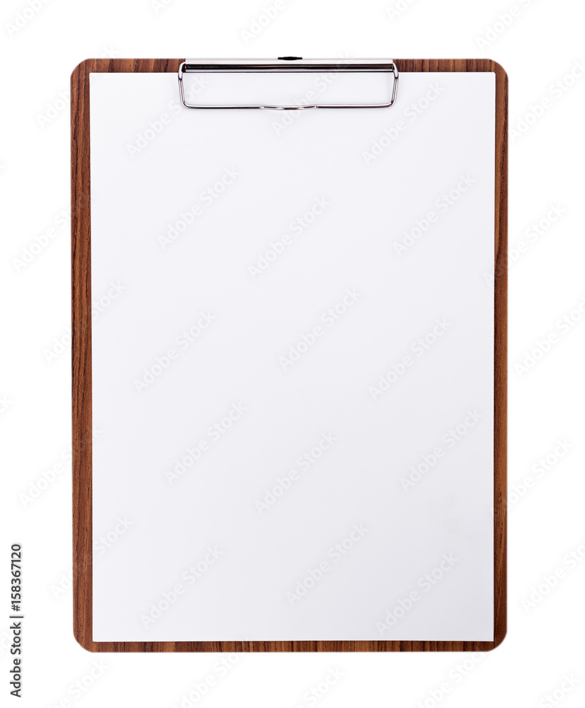 Blank paper on wooden clipboard with space on white background Blank paper on wooden clipboard with space on white background