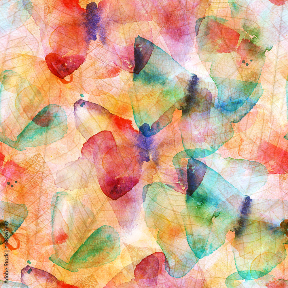 Seamless watercolor texture, abstract butterflies and leaves