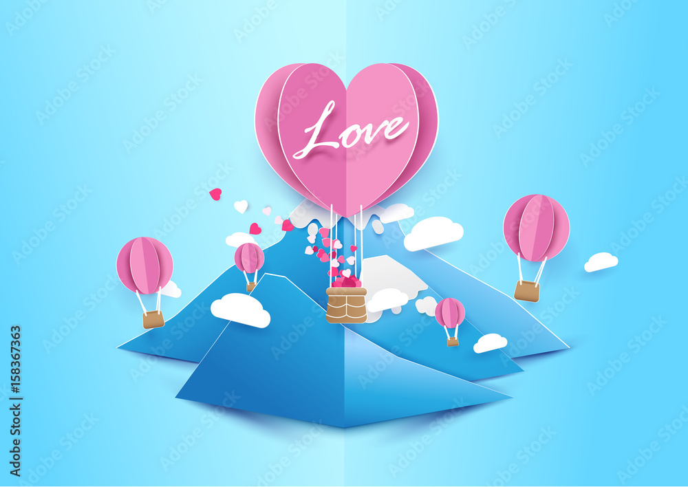 Paper art style Heart shape balloons flying with cloud over mountain. Love concept. Valentines day background