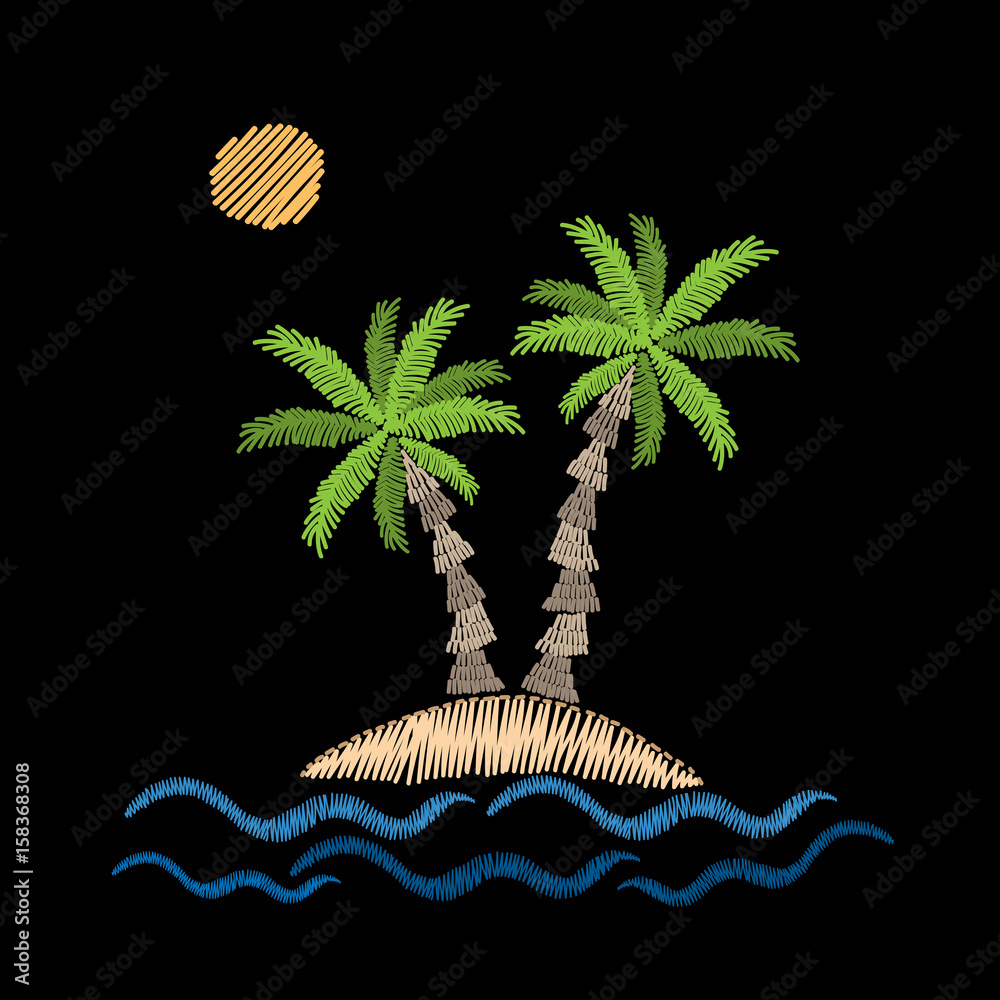 Obraz premium Palm tree with wave and sun embroidery stitches imitation