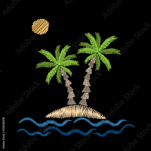 Palm tree with wave and sun embroidery stitches imitation