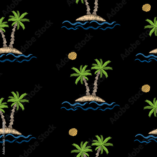 Seamless pattern with embroidery stitches imitation palm tree with wave and sun