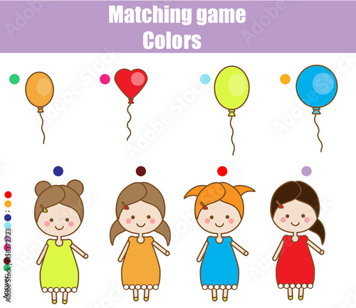 Educational children game. Match by color. Find pairs of kids and balloons