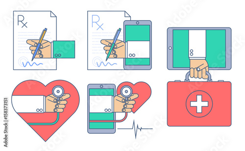 Doctor signing a rx prescription document. First aid by internet. Heart pulse examination by phone. Vector medicine and health infographic. Telemedicine, telehealth flat line concept illustration set.