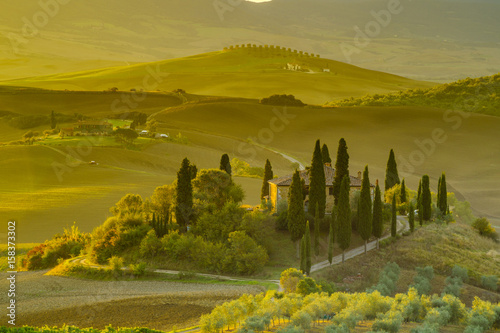 Fairytale  misty morning in the most picturesque part of Tuscany  val de orcia valleys