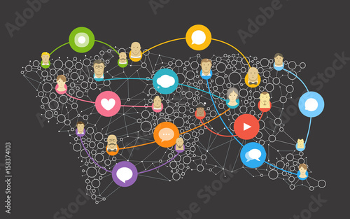 Social media abstract network vector concept. Abstract communication scheme on the Earth map.