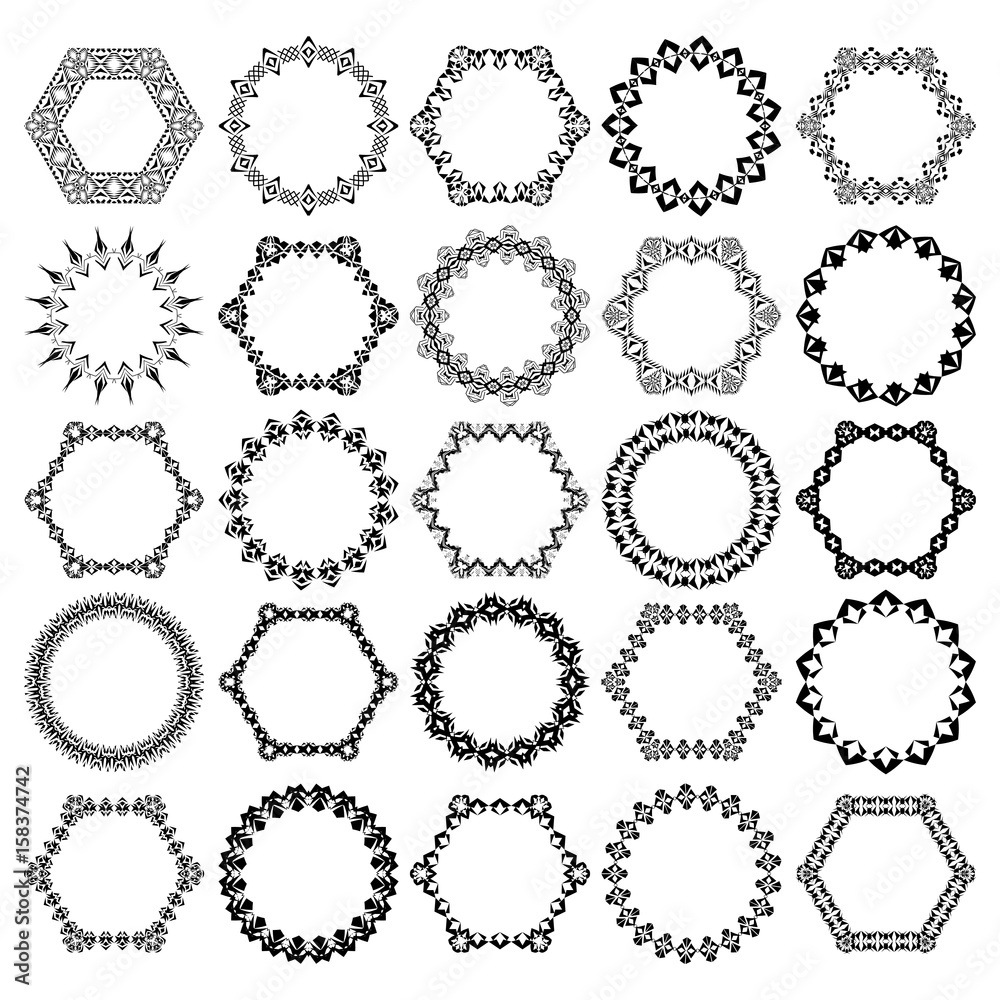 Vector set of tribal black round and hexagon decorative frames for design. Aztec ornamental style Vector set of tribal black round and hexagon decorative frames for design. Aztec ornamental style