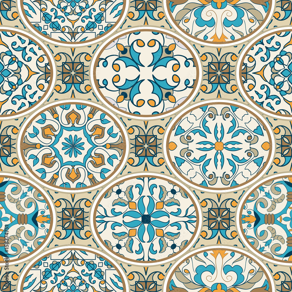 Vector seamless texture. Beautiful patchwork pattern for design and fashion with decorative elements