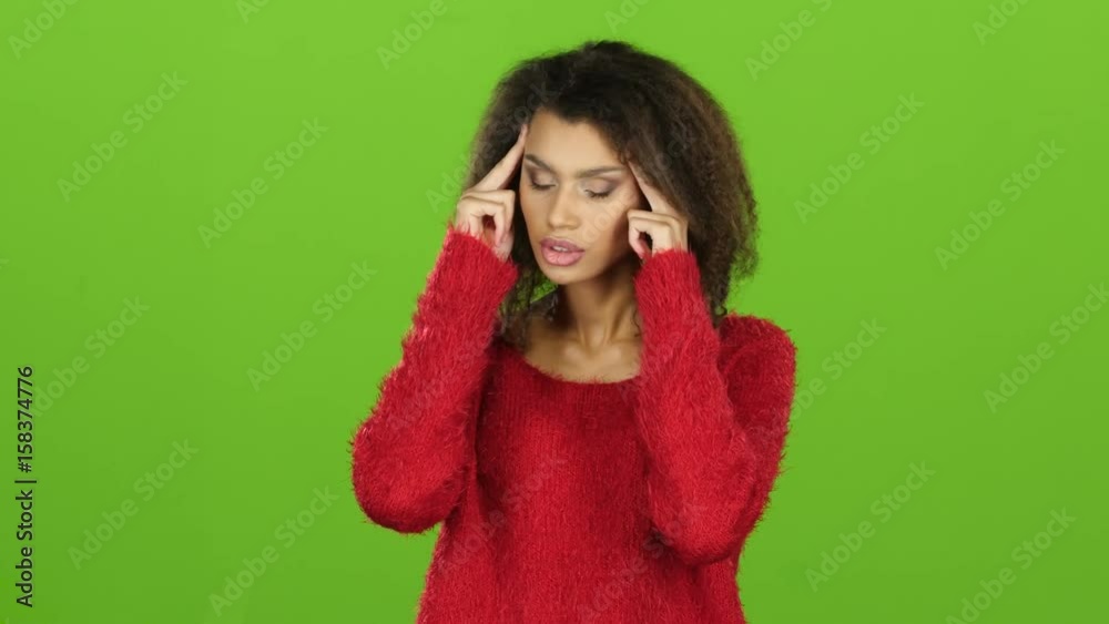 Woman hold hands on temples head, feels pain. Green screen Woman hold hands on temples head, feels pain. Green screen