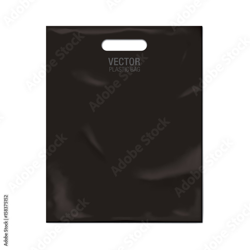 Vector plastic bag template isolated on background. Black plastic bag realistic mockup.