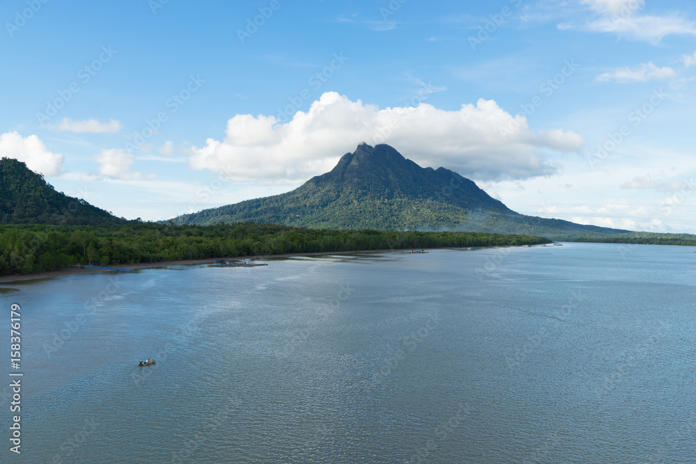 View of Mount Santubong from Santubong bridge in Sarawak, Malaysia