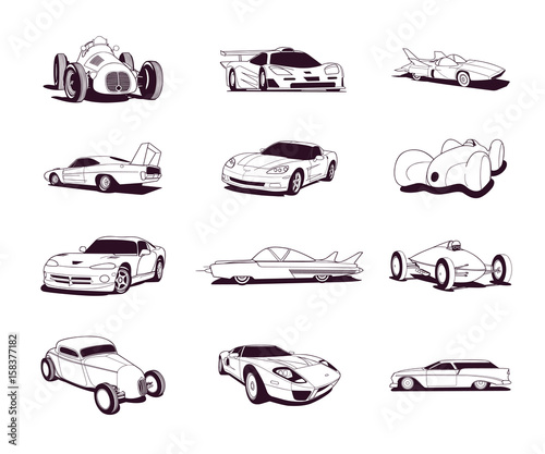 sport old fast cars clipart cartoon collection. Vector Illustration.. Collection set
