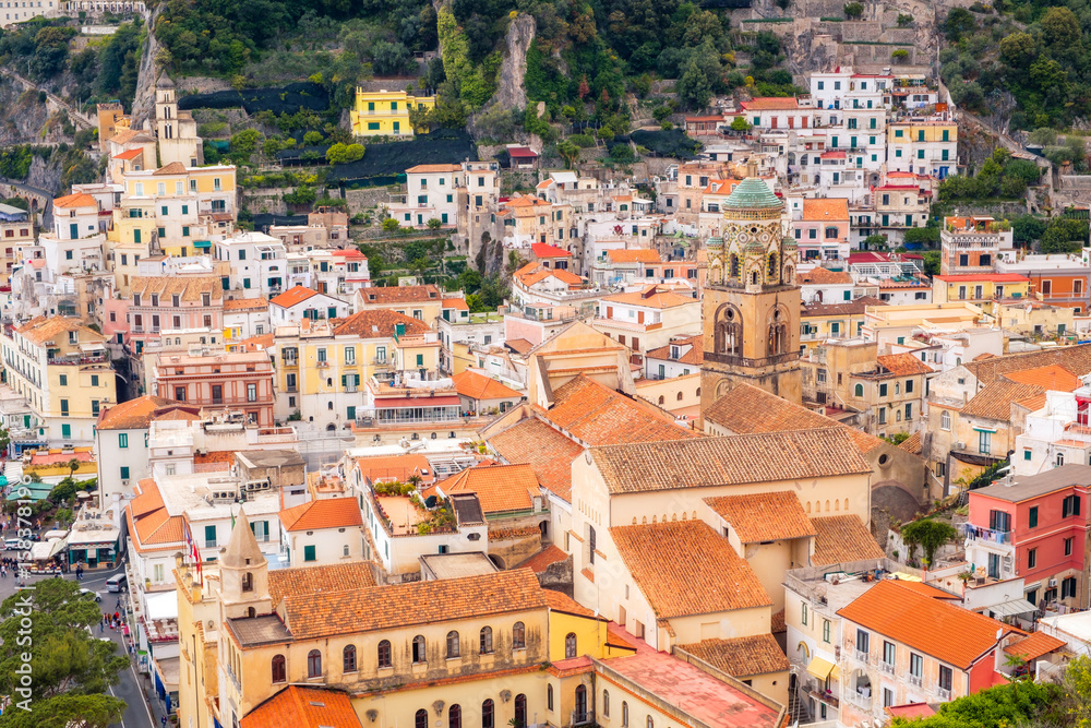 Detail cityscape view of picteresque colorful houses in Amalfi
