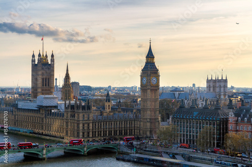 Beautiful panoramic scenic view on London's southern part from window of London Eye tourist attraction wheel cabin: cityscape, Westminster Abbey, Big Ben, Houses of Parliament and Thames river