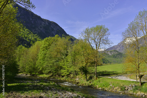 Ruisseau de Vicdessos et montagnes dans les Pyrénées ariégeoises à Vicdessos (09220) Val-de-Sos, département de l'Ariège en région Occitanie, France
