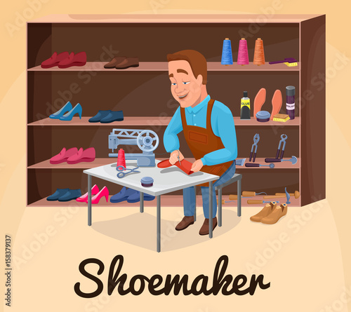 Shoemaker cartoon character sewing shoes with cobbler tools colorful vector illustration including carpenter repair instruments, boots, sewing machine, glue, threads, brushes