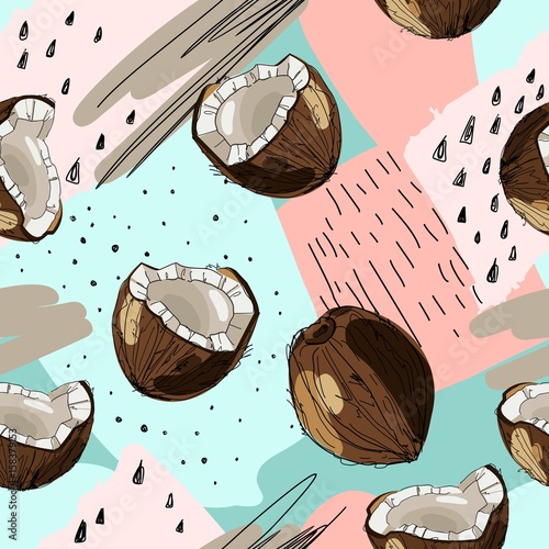 Vector seamless tropical background with ink drawn coconut. Food illustration in vintage style for print, textile, wrapping and other seamless design.