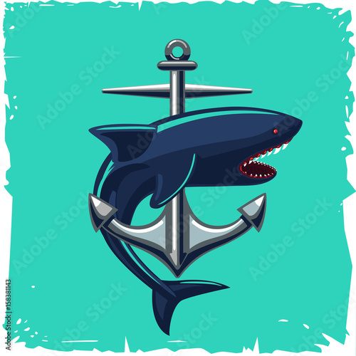 Anchor and shark. Isolated cartoon illustration. Vintage sailor tattoo.