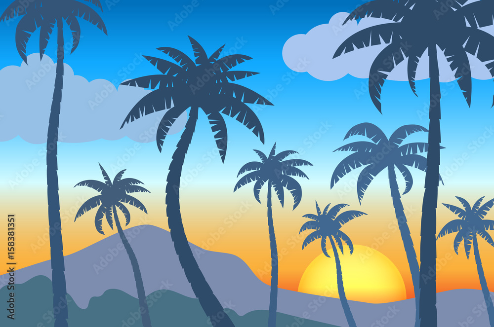 landscape with palm trees silhouette on sunset background