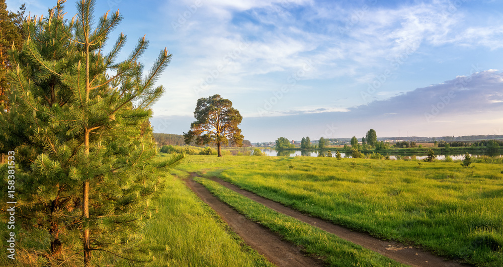 летний пейзаж на Уральской реке с деревьями на берегу, Россия, июнь,
