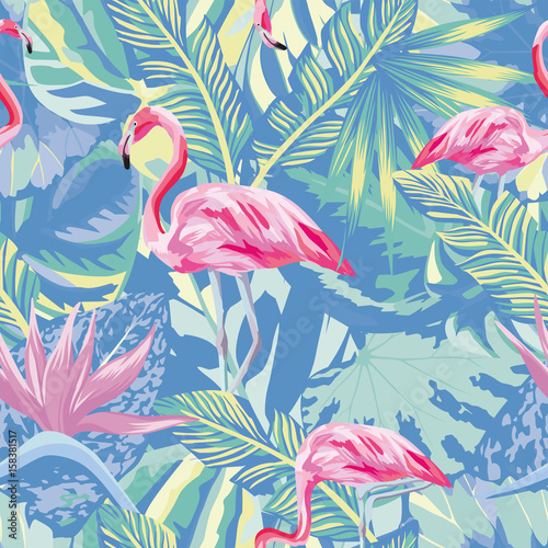 Flamingo in abstract blue foliage leaves backgound