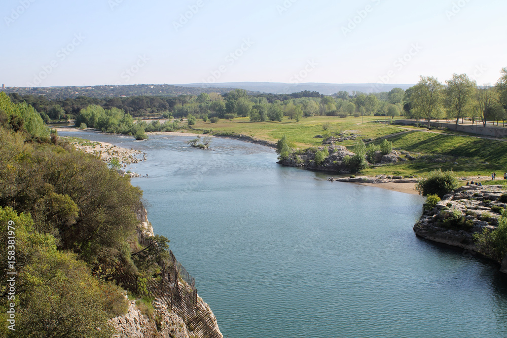 Gardon river, France. View from Pont du Gard