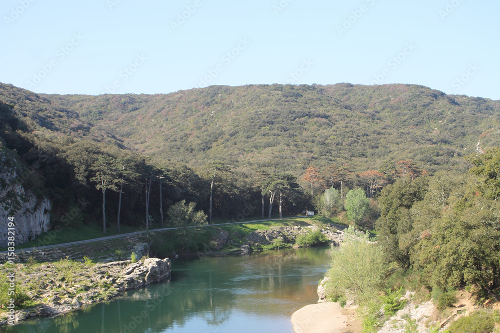 Gardon river, France. View from Pont du Gard Gardon river, France. View from Pont du Gard
