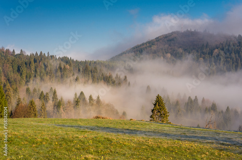 Morning panorama of Pieniny and Beskidy mountains, Poland landscape