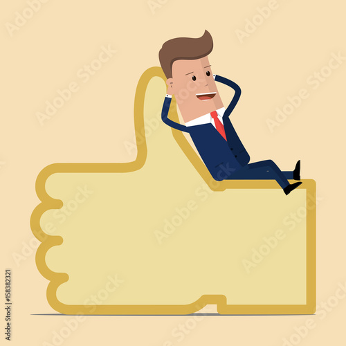 Businessman lying on a positive symbol thumbs up. Vector illustration