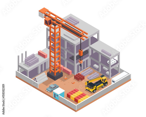 Fototapeta Naklejka Na Ścianę i Meble -  Modern Isometric Construction Site Progress Illustration, Suitable For Infographic, Games, Children Books, And Other Graphic Related Assets.