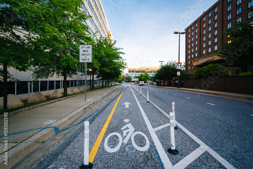 Bike lane along Sharp Street, in downtown Baltimore, Maryland.