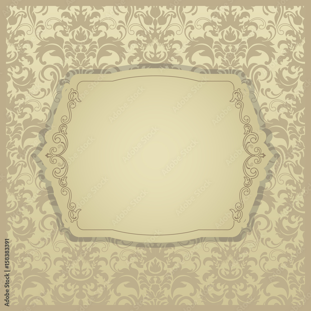 Golden Eastern floral decor. Template frame for greeting card and wedding invitation. Ornate vector border and place for your text.
