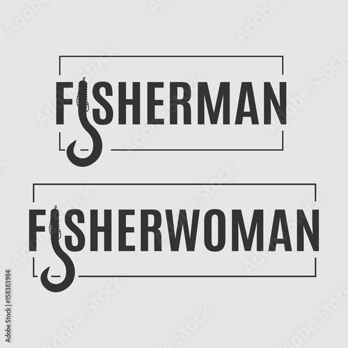 Two vector fisheries logos. Fisherman and fisherwoman badge with stylized bait shaped letter isolated on the grey background